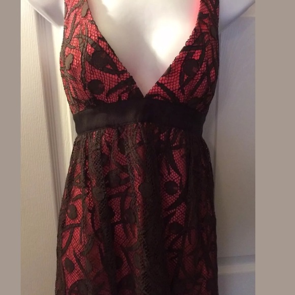 MILLY of New York Lace overlay Dress Floral Pink Brown V-Neck Empire Waist Shift - Picture 4 of 11